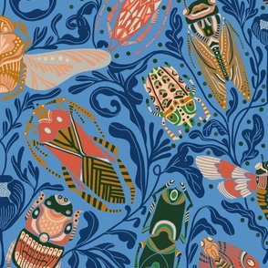 JUMBO Linocut Bugs Wallpaper Art Nouveau Art Deco Blue
