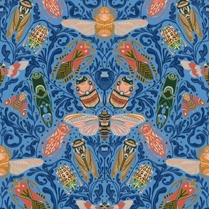 LARGE Linocut Bugs Wallpaper Art Nouveau Art Deco Blue 12in