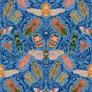 MEDIUM Linocut Bugs Wallpaper Art Nouveau Art Deco Blue 10in