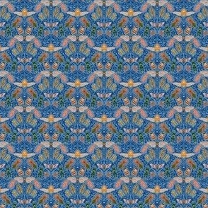 MICRO Linocut Bugs Wallpaper Art Nouveau Art Deco Blue 2in