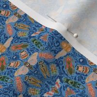MINI Linocut Bugs Wallpaper Art Nouveau Art Deco Blue 4in