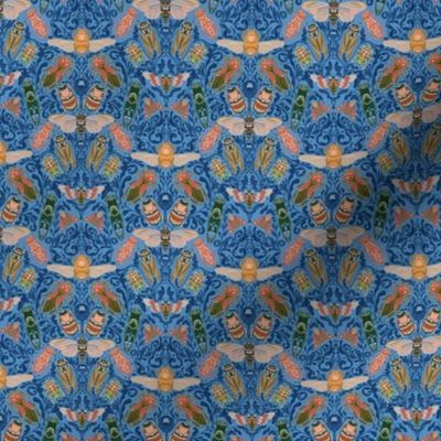 MINI Linocut Bugs Wallpaper Art Nouveau Art Deco Blue 4in