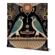 Egyptian falcons - art deco style, Horus or Ra sun god, scarab beetle, serpent - black, gold - jumbo