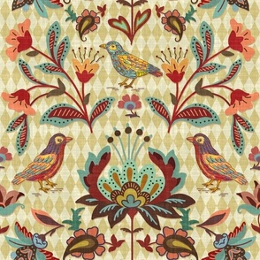 folk art floral with birds and harlequin