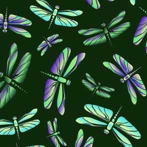 Colorfull Dragonflies on Dark Green Background