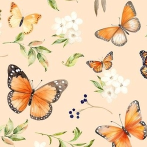 Monarch Butterflies LG – Orange Butterfly Fabric, Garden Floral, Flowers & Butterflies Fabric (apricot)