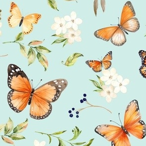 Monarch Butterflies Lg – Orange Butterfly Fabric, Garden Floral, Flowers & Butterflies Fabric (baby green)