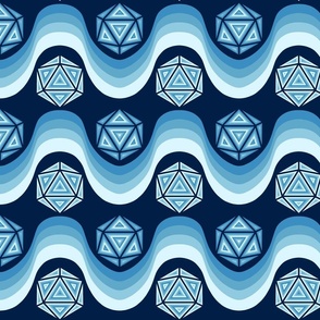 Retro Inspired D20 Dice and Color Wave Seamless Pattern - Blue