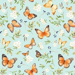 Monarch Butterflies Sm – Orange Butterfly Fabric, Garden Floral, Flowers & Butterflies Fabric (baby green)