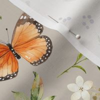 Monarch Butterflies Lg – Orange Butterfly Fabric, Garden Floral, Flowers & Butterflies Fabric (oyster)