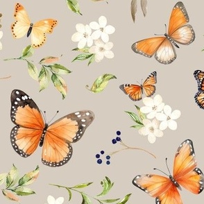 Monarch Butterflies Lg – Orange Butterfly Fabric, Garden Floral, Flowers & Butterflies Fabric (oyster)