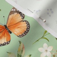Monarch Butterflies Lg – Orange Butterfly Fabric, Garden Floral, Flowers & Butterflies Fabric (pistachio)