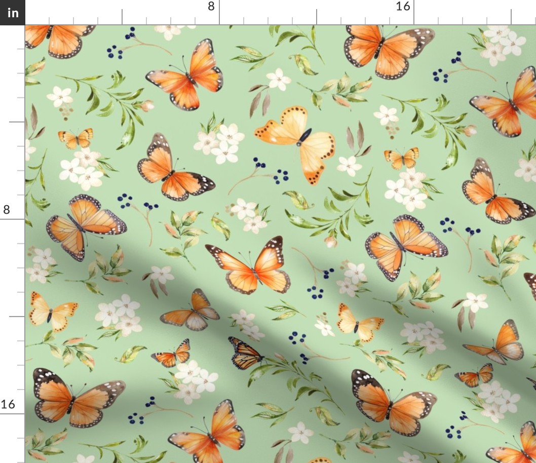 Monarch Butterflies Lg – Orange Butterfly Fabric, Garden Floral, Flowers & Butterflies Fabric (pistachio)