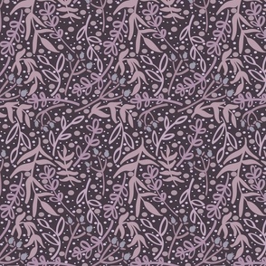 Botanicals and Dots - Hand Drawn Design -Purple, Mauve, Slate Grey 