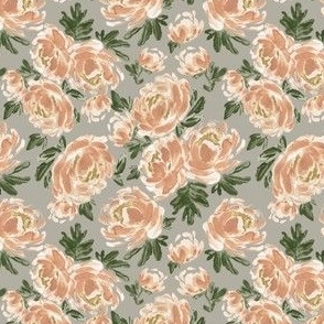 Mini - Amelia Watercolor Painted Peach Peonies - Art Nouveau Florals - Grey, Stone, Blush, Beige, Green