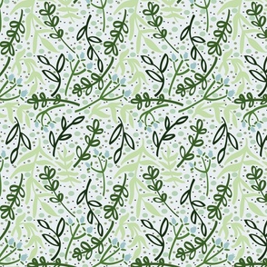 Botanicals and Dots - Hand Drawn Design -Light Green, Dark Green, and Ice Blue