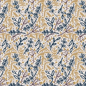Botanicals and Dots - Hand Drawn Design - Navy Blue, Yellow, Brown, and Cream White