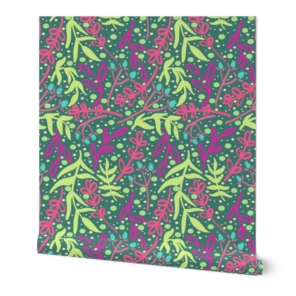 Botanicals and Dots - Hand drawn Design - Green, Pink, Teal Blue