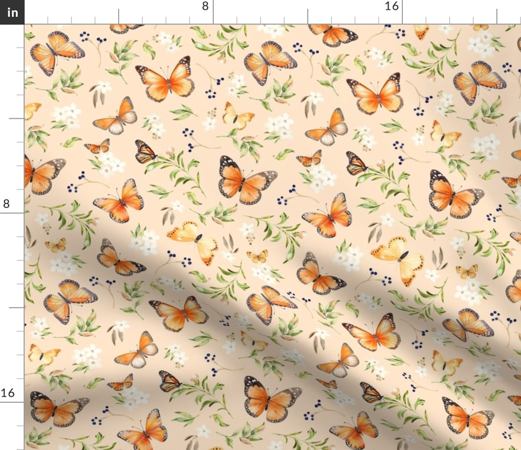 Monarch Butterflies MD – Orange Butterfly Fabric, Garden Floral, Flowers & Butterflies Fabric (apricot)