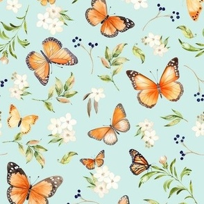 Monarch Butterflies Md – Orange Butterfly Fabric, Garden Floral, Flowers & Butterflies Fabric (baby green)