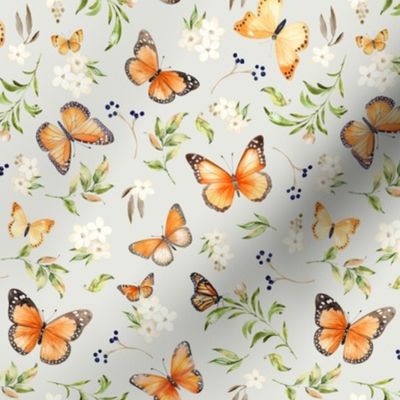 Monarch Butterflies Sm – Orange Butterfly Fabric, Garden Floral, Flowers & Butterflies Fabric (eggshell)