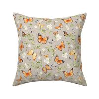 Monarch Butterflies Md – Orange Butterfly Fabric, Garden Floral, Flowers & Butterflies Fabric (oyster)