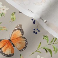 Monarch Butterflies Md – Orange Butterfly Fabric, Garden Floral, Flowers & Butterflies Fabric (oyster)