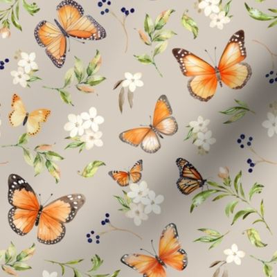 Monarch Butterflies Md – Orange Butterfly Fabric, Garden Floral, Flowers & Butterflies Fabric (oyster)
