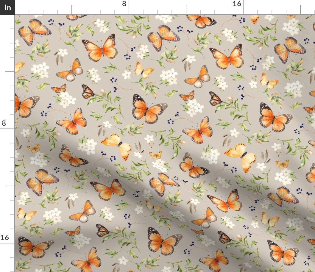 Monarch Butterflies Md – Orange Butterfly Fabric, Garden Floral, Flowers & Butterflies Fabric (oyster)