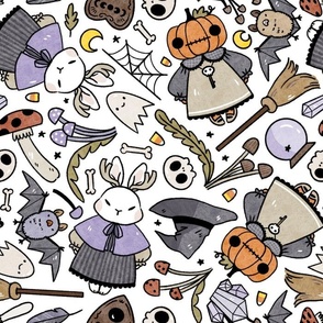 Watercolor Jackalope and Pumpkin Monsters Halloween Pattern in White Background
