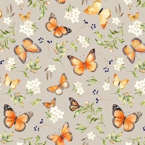 Monarch Butterflies Sm – Orange Butterfly Fabric, Garden Floral, Flowers & Butterflies Fabric (oyster)
