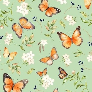 Monarch Butterflies Md – Orange Butterfly Fabric, Garden Floral, Flowers & Butterflies Fabric (pistachio)