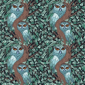 Guardians - Birds of Prey Wallpaper - Owls - Whimsical Woodland - Teal on dark bg