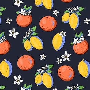 Summer bright cartoon orange and lemon fruit with flowers on black