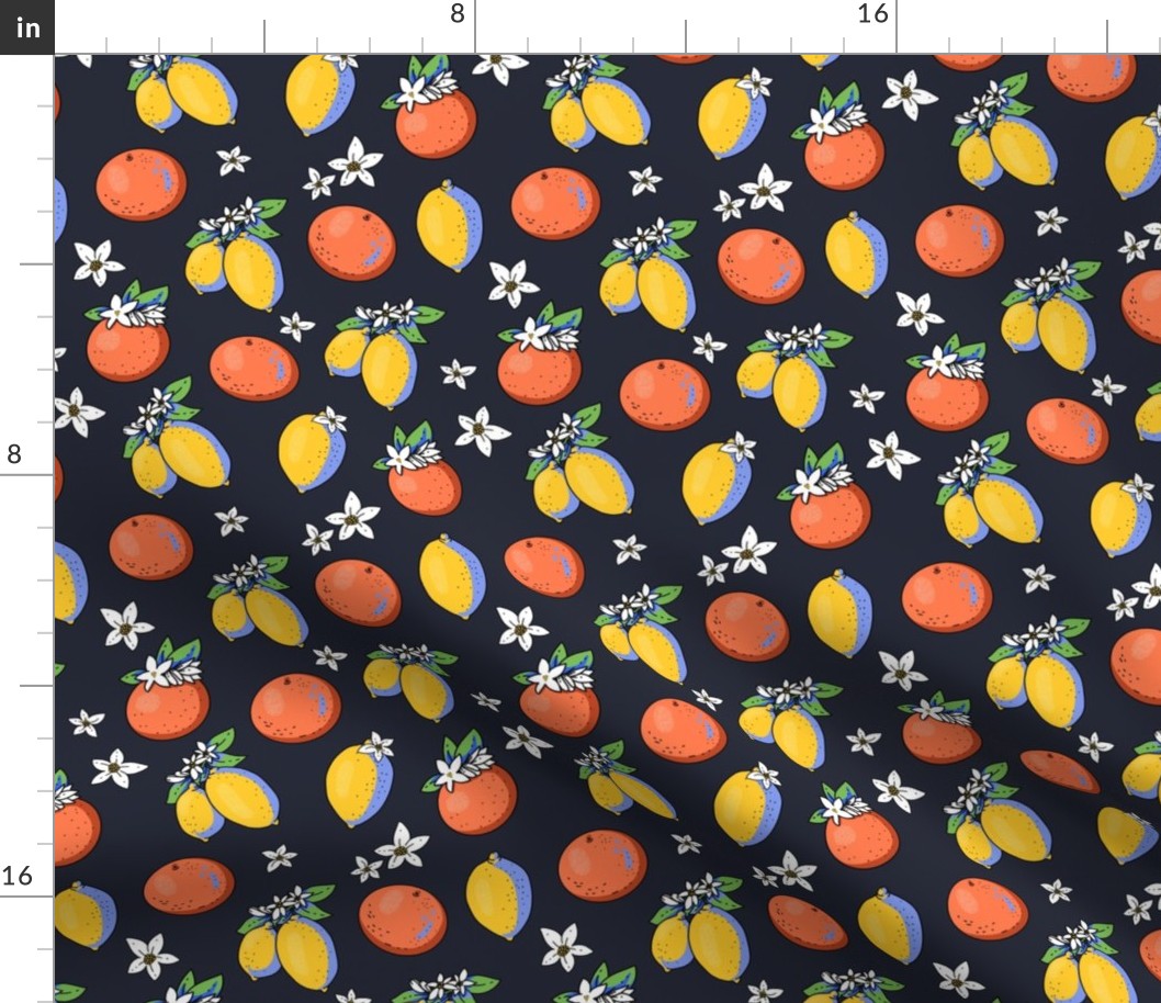 Summer bright cartoon orange and lemon fruit with flowers on black