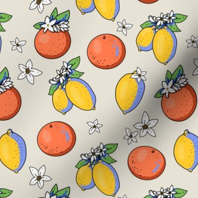 Summer bright cartoon orange and lemon fruit with flowers on beige