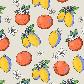 Summer bright cartoon orange and lemon fruit with flowers on beige