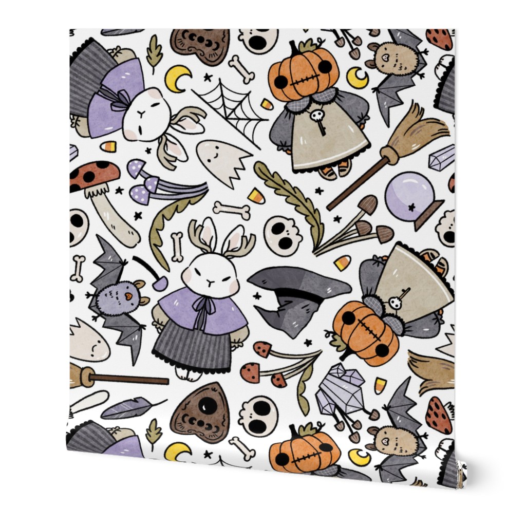 Watercolor Jackalope and Pumpkin Monsters Halloween Pattern in White Background, Small