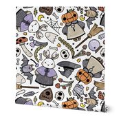 Watercolor Jackalope and Pumpkin Monsters Halloween Pattern in White Background, Small