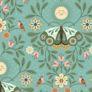 Lunar Moth Meadow, teal, 24 in, moonlight floral with little birds 