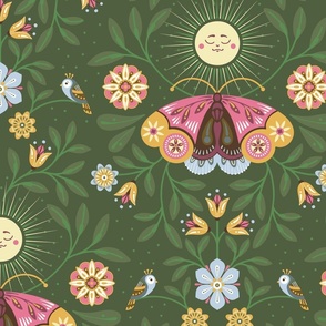 Lunar Moth Meadow, green, 24 in, moonlight floral with little birds,  colorcollab 3