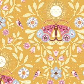 Lunar Moth Meadow, yellow, 24 in, moonlight floral with little birds, colorcollab