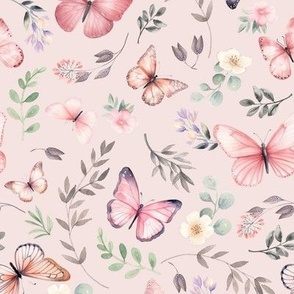 Butterflies Md – Girly Pink Butterfly Fabric, Garden Floral, Flowers & Butterflies Fabric (first light)
