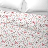 Butterflies Lg – Girly Pink Butterfly Fabric, Garden Floral, Flowers & Butterflies Fabric (white)