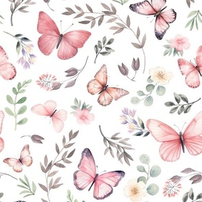 Butterflies Lg – Girly Pink Butterfly Fabric, Garden Floral, Flowers & Butterflies Fabric (white)