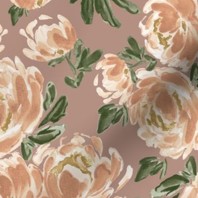 Large - Amelia Watercolor Painted Peach Peonies - Art Nouveau Florals - Mauve, Blush, Beige, Green - Wallpaper, Bedding, Bed Sheets