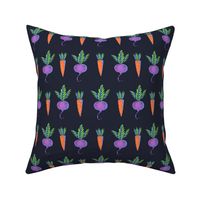 Hand drawn summer garden carrot and beetroot, cartoon vegetable on black