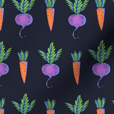 Hand drawn summer garden carrot and beetroot, cartoon vegetable on black