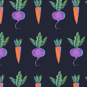 Hand drawn summer garden carrot and beetroot, cartoon vegetable on black