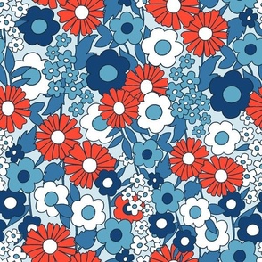 July 4th Groovy Floral - 70s Pattern - Botanical Pattern - Blue - Red - Home Decor Pattern - Quilt Pattern - Flowers - Floral